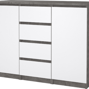 Skænk Vesterholm Naia, vægmonteret opbevaringsskænk/TV-skænk, oxid beton/hvid højglans, B121 x D50 x H91 cm, FSC