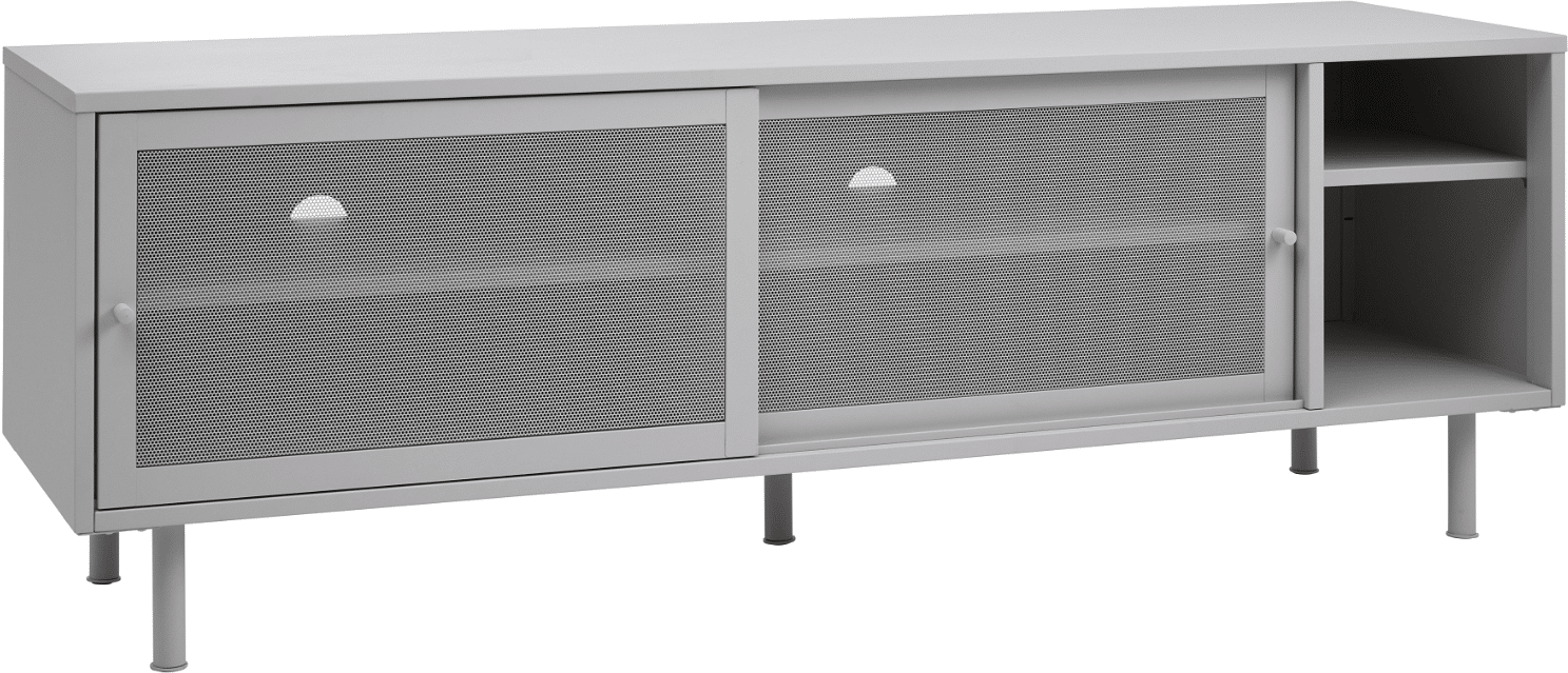 TV-bord Nordique Design Veep - hvid metal, minimalistisk TV-skænk 160 cm bredde med åbne hylder og låger